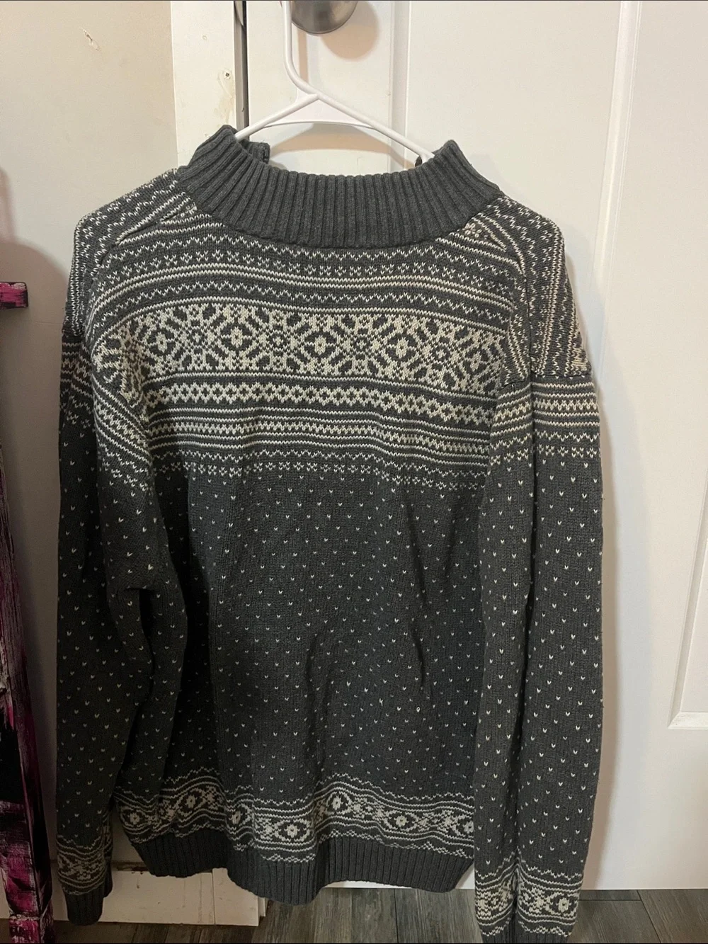 Chaps Gray and Cream Fair Isle Half-Zip Sweater